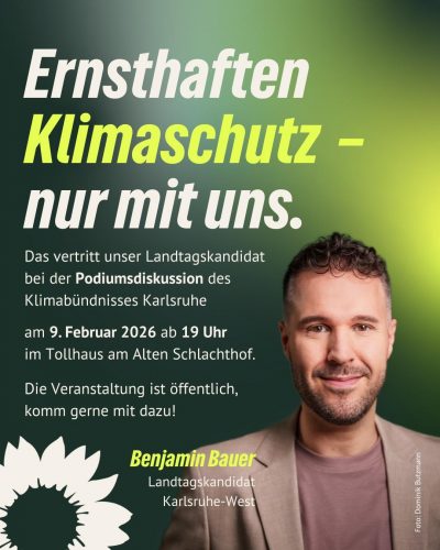 Landtagskandidat Benjamin Bauer bei der Podiumsdiskussion des Klimabündnis Karlsruhe